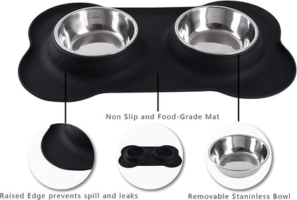 Hubulk Pet Dog Bowls 2 Stainless Steel Dog Bowl with No Spill Non-Skid Silicone Mat + Pet Food Scoop Water and Food Feeder Bowls for Feeding Small Medium Large Dogs Cats Puppies (Large, Black)