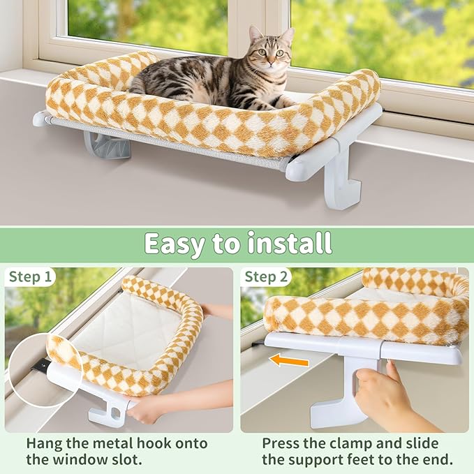 Sunhoo Cat Window Perch Hammock Sturdy Windowsill Bed Seat for Large Cats No Drilling No Suction Adjustable Kitty Shelf with Washable Cover Easy Assembly Holds up to 40 lbs 24.8 * 15 in (Brown, L)