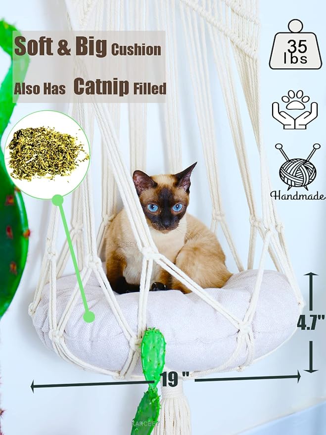 KARCEEY Macrame Cat Hammock Hanging Bed - Boho Wall Swing with Catnip Cushion for Wall Climber & Window Perch - Hardware Kit Included