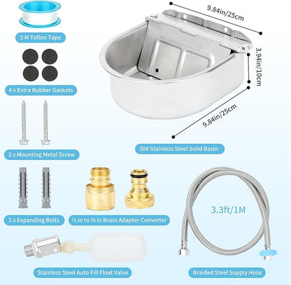FHTONGE 304 Stainless Steel Automatic Dog Water Bowl Dispenser with Drainage and Float Valves, Large Auto Fill Dog Waterer for Outdoor Big Dog Livestock Poultry Horse Cow Goat Pig Chicken Duck Rabbit