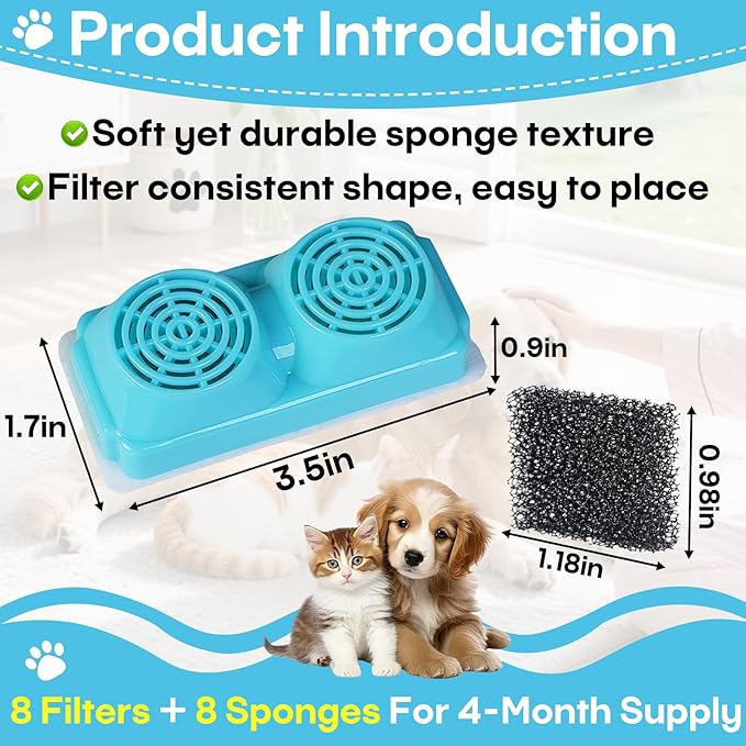 8-Pack Pet Water Fountain Filter Replacement for Emdoro Pet Water Fountain, Fit for 3.2L/108oz Wireless Stainless Steel Cat Water Fountain for 4 Months Supply