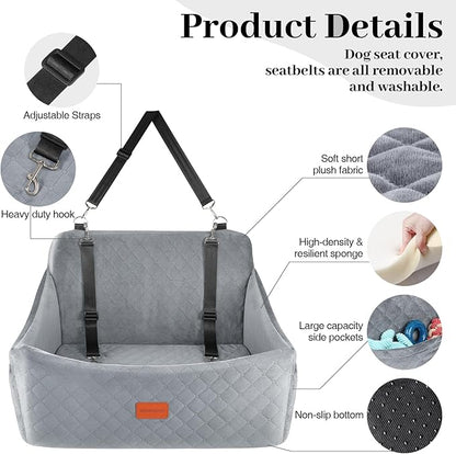 Wooaidagg Dog Car Seat for Medium & Large Dogs Up to 55lbs, Memory Foam Cushion, Washable Cover, Safety Straps & Non-Slip Base(Grey,Large)