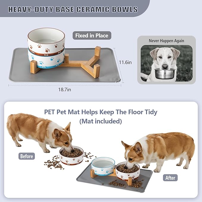 YUN TAO 3.5 Cups Pet Bowls Set of 2 for Medium Dogs,Ceramic Pet Food Water Dish Feeding with Wooden Stand,Cute Puppy Pet Dishes,Includes Non-Slip Silicone Mat