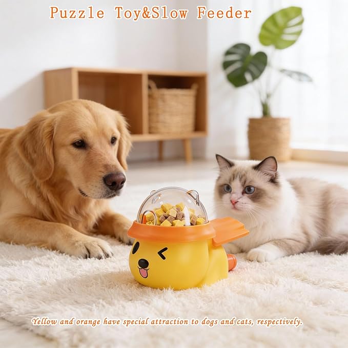 Interactive Dog and Cat Treat Dispenser - Slow Feeder Puzzle Toy for Mental Stimulation (Yellow and Orange)