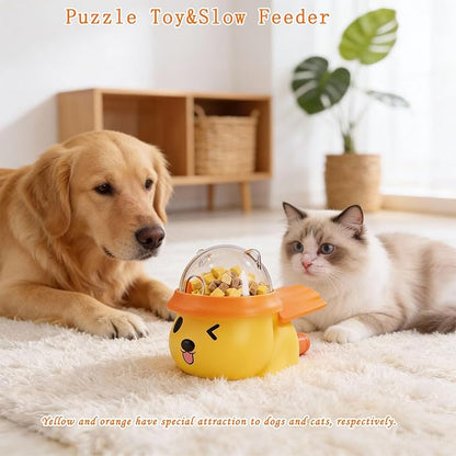 Interactive Dog and Cat Treat Dispenser - Slow Feeder Puzzle Toy for Mental Stimulation (Yellow and Orange)