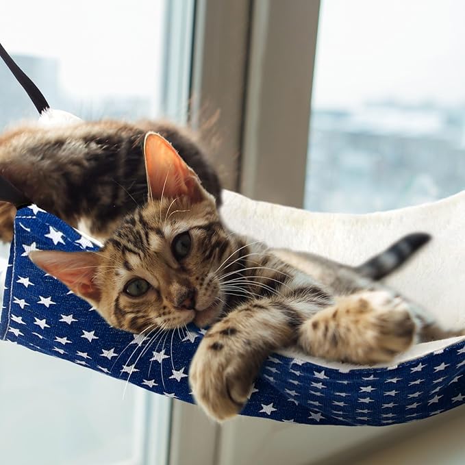 Jetec 2 Pack Cat Hammock for Cage, Catio Accessories Reversible Soft Cats Bed with Adjustable Straps and Hooks Double-Sided Linen and Fleece Hanging Hammock for Cats, Kitten(Pentagram,L)