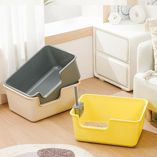 Large Cat Litter Box with High Sides,Cat Litter Pan with Low Entry,Cat Box for Indoor Kittens & Senior Cats,Anti-Splashing,Waterproof,Easy to Clean,Durable (Speckle Gray)
