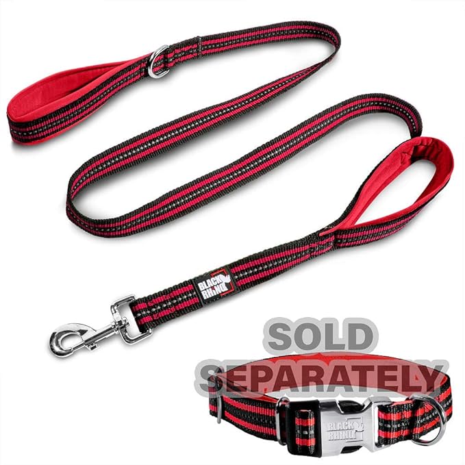 Black Rhino Heavy Duty Dog Leash for Medium and Large Dogs - 5 ft Long Double Handle Dog Leash with Padded Traffic Control Handles - Reflective, Durable, and Weather Resistant (Red and Black)