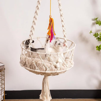 Cat Swing, 49 Inch Hanging Cat Bed with Cotton Mat, Boho Style Hammock with Tassel, Space Saving Hammock Bed for Sleeping, Playing, and Lounging, Hammocks