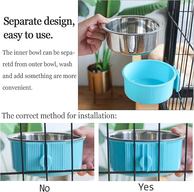 kathson Crate Dog Bowl, Removable Stainless Steel Hanging Pet Cage Bowl Food & Water Feeder Coop Cup for Cat, Puppy, Birds, Rats, Guinea Pigs (3 PCS, Size: M, Blue, Green, Pink)