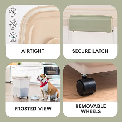 IRIS USA Dog Food Storage Container 58 lbs, Attachable Wheels, for Dog Cat Birds and other Pets, Food Storage Bin, Keep Fresh, Easy Mobility, BPA Free - Made in the USA, Almond/Pearl