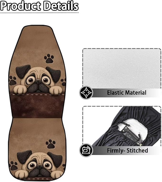 Dreaweet Car Seat Covers for Women Cute Pug Car Accessories Interior 2 Piece Universal Elastic Front Seat Covers for SUV Sedan Washable Vehicle Seat Cover for Carseat Protection