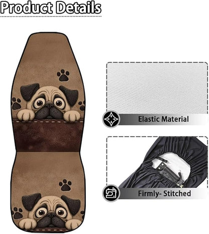 Dreaweet Car Seat Covers for Women Cute Pug Car Accessories Interior 2 Piece Universal Elastic Front Seat Covers for SUV Sedan Washable Vehicle Seat Cover for Carseat Protection