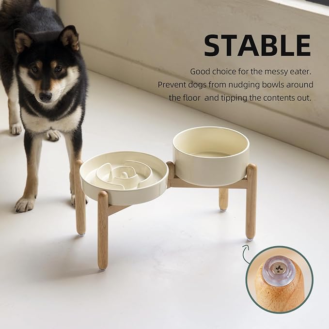 Ceramic Raised Slow Feeder Dog Bowl Set, Elevated 7.3inch Bowl and 8.2inch Puzzle Slow Dish with Wooden Stand for Medium and Large Dog, Anti-Gulping (2X Light Yellow+ Stand)
