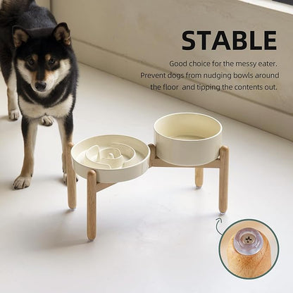 Ceramic Raised Slow Feeder Dog Bowl Set, Elevated 7.3inch Bowl and 8.2inch Puzzle Slow Dish with Wooden Stand for Medium and Large Dog, Anti-Gulping (2X Light Yellow+ Stand)