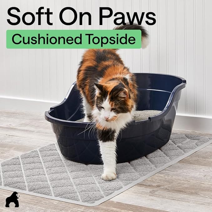 GORILLA GRIP Cat Litter Box Mat, 47x35, Cushioned Coil Mesh Litter Trapping Mats, Scatter Control Supplies for Less Mess, Phthalate Free, Ultra Deep Catch Grooves, Rinse or Vacuum to Clean, Light Gray