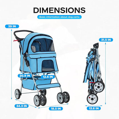 BestOffice Pet Stroller for Small Medium Dogs & Cats, 4-Wheel Foldable Dog Stroller with Cup Holder, Lightweight Travel Carrier, Waterproof Design for Outdoor Walks, Blue