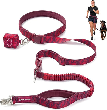 Spark Paws Handsfree Dog Leash – Shock Absorbing Waist Bungee Lead for Running, Car Seatbelt Clip & Poop Bag Set, Heavy Duty Tactical Lead for Medium, Large & X-Large Breeds - Fuchsia Camo