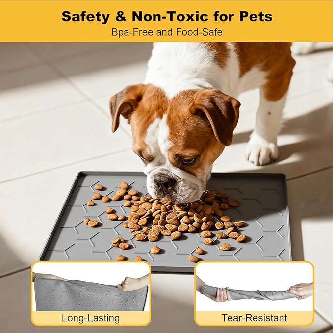 Pieviev 16''x12'' Dog Cat Food Bowl Mat, Silicone Waterproof Food Grade Pet Food Mat for Floor, High Raised Edge to Prevent Spills, Non-Slip & Easy Clean Pet Placemat for Dog & Cat Bowls, Light Gray
