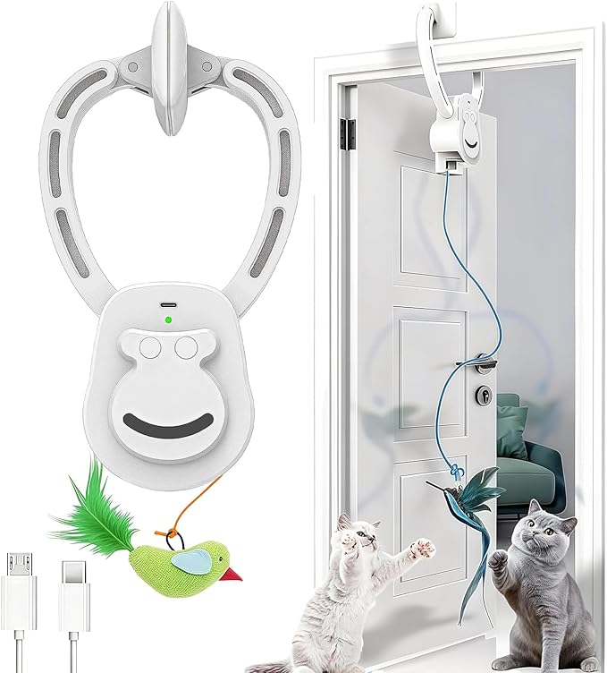 Interactive Cat Toys for Indoor Cats, Automatic Hanging Feather Cat Toy with Realistic Fluttering & Quiet Motor, USB Rechargeable Door Mounted Feather Wand for Bored Kittens & Adult Cats (White)