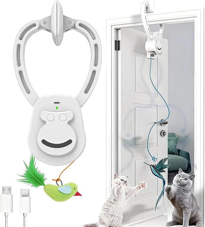 Interactive Cat Toys for Indoor Cats, Automatic Hanging Feather Cat Toy with Realistic Fluttering & Quiet Motor, USB Rechargeable Door Mounted Feather Wand for Bored Kittens & Adult Cats (White)
