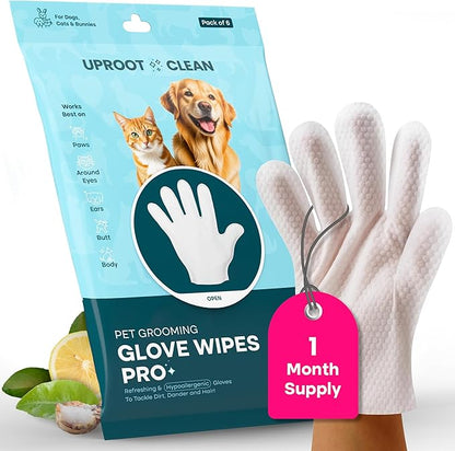 Uproot QuickClean Gloves Pro: 1 Month Supply - Extra-Thick Pet Glove Wipes for Dogs & Cats - Easy Wipe Paws, Eyes, Ears, Butt, & Body - Lick-Safe - Cleaning, Deodorizing & Grooming (6 Pack)
