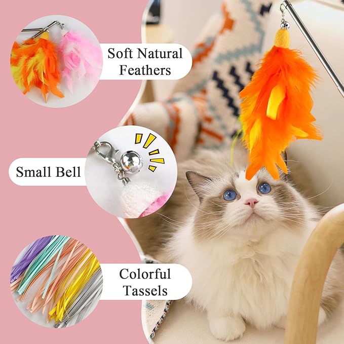 Andiker 5Pcs Retractable Cat Wand Toy, Cats Toy Set Contains 1 Feather Teaser & 3 Replaceable Tassels with Bell Stimulate Cats Hunting and Chasing Instincts Interactive Cat Toys (Orange)