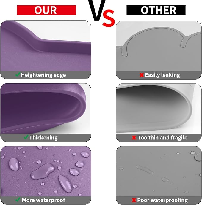Ptlom Dog Food Mat Anti-Slip Dog Bowl Mats for Food and Water, Waterproof Pet Placemat Prevent Messy Spills to Floor, High-Lips Puppy Feeding Trays for Small Medium Large Dogs Cats, Silicone, Purple