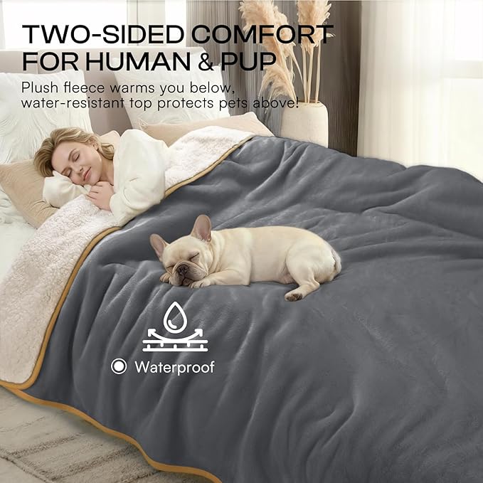 Luciphia Waterproof Pet Blanket, Liquid Pee Proof Dog Blanket for Sofa Bed Couch, Reversible Sherpa Fleece Furniture Protector Cover for Small Medium Large Dogs Cats, Grey+Beige X-Large（85" x 57"）