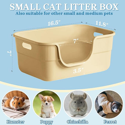 2 Pack Low Entry Kitty Litter Box for Small Cats, Kittens Litter Boxes with High Sides, Open Top, Anti-Splash Plastic Litter Pan for Medium Pets, Easy to Clean, 16.5" L*11.8" W*7" H (Apricot)