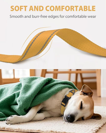 Joytale Dog Collar for Large Dogs, Strong Double-Sided Reflective Nylon Collar for Night Safety, Adjustable Quick-Release for Daily Walking, Khaki, L (1" Width)