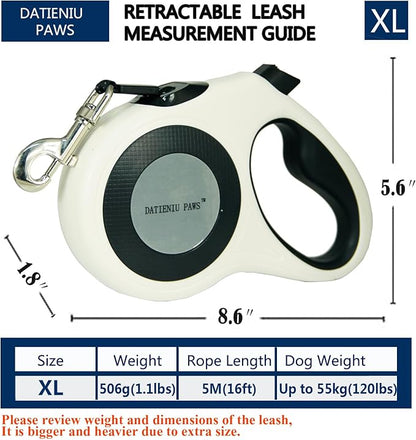 Retractable Dog Leash Strong Nylon Tape 16Ft Reflective Stitch for Night Walking One-Handed Brake Anti-Slip Handle XL White