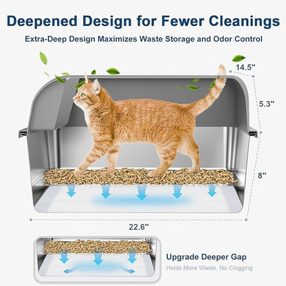 7" Deep Stainless Steel Sifting Litter Box for Pine Pellets, XL Stainless Steel Litter Box with Lid, Removable & Anti-Leakage, High Sides Metal Cat Litter Boxes for Big Cat, Non-Sticky, Easy Cleaning