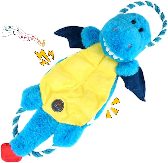 Interactive Squeaky Dog Chew Toy, Tough Plush Dog Toys for Chewers, Small, Medium & Large Dogs, Plush with Double Rope Handles for Tug of War, Mess-Free, Blue