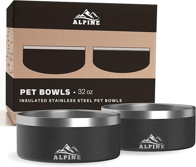 Alpine Set of 2 Stainless Steel Dog Bowls, Non Slip, Metal Pet Bowl for Food and Water, Double Walled Insulated, Rustproof, Dishwasher Safe - Black (AB)