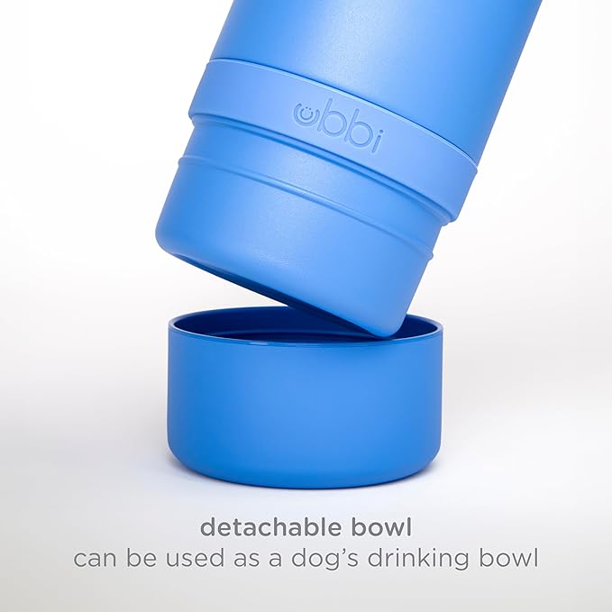 Ubbi Pup & Me Insulated Stainless Steel Dog Water Bottle with Attached Bowl, 32 oz Portable Leakproof Travel Bottle for Dogs and Owners, Blue