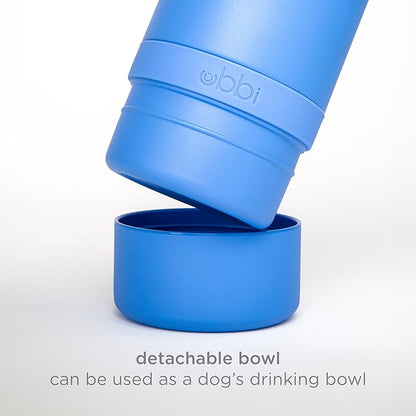 Ubbi Pup & Me Insulated Stainless Steel Dog Water Bottle with Attached Bowl, 32 oz Portable Leakproof Travel Bottle for Dogs and Owners, Blue