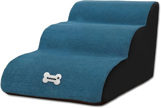 Pet Stairs, Washable & Zippered Cover Removable Pet Ramp, High Density Sponge Dog Stairs(3 Tiers Pet Stair, Blue)
