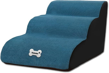 Pet Stairs, Washable & Zippered Cover Removable Pet Ramp, High Density Sponge Dog Stairs(3 Tiers Pet Stair, Blue)