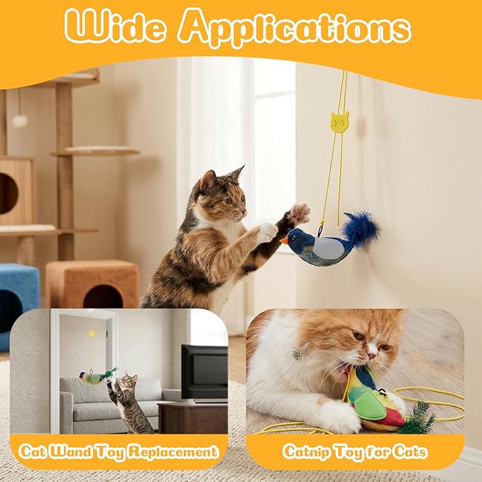 4 Pcs Interactive Cat Toys for Indoor Cats, Chirping Bird Cats Feather Toys, Flying Bird Cat Toys, Chase Exercise Door Frame Toy for Bored Kittens Adult Cats