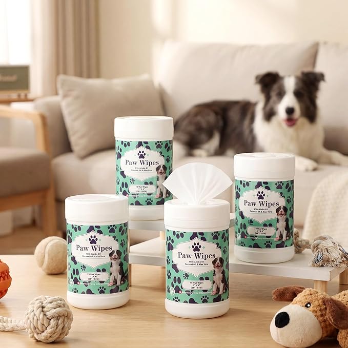 4 Pack Dog Wipes for Paws 5 x 7 Inches Ultra Soft Cotton with Cherry Blossom Scent Gentle Cleansing Pet Wipes for Fresh Smelling Dog After Walks, 280 Per Total
