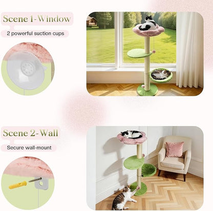 2 Ways Cat Window Perch, Flower Window Perch for Cats Inside with Hammock & Jumping Paltform, Cats Window Bed with Tall Sisal Scratching Post, Cat Hammock for Windows with 2 Strengthened Suction Cups