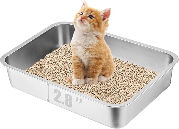 Low Entry Cat Litter Box, 15.7"×11.8"×2.8" Stainless Steel Kitten Litter Box for Small Cat, Kitty Shallow Litterbox for Guinea Pig, Puppy, Hamsters Toilet