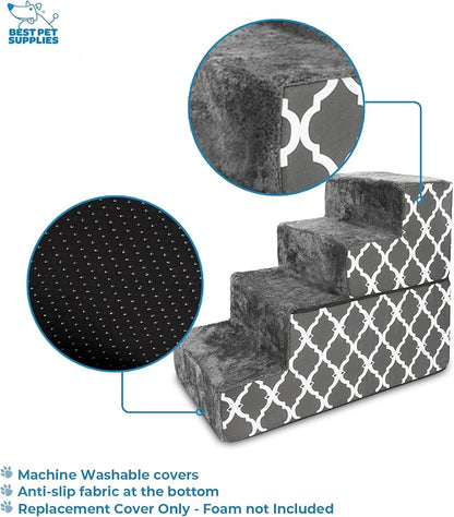 Best Pet Supplies Dog Stairs & Steps - Foam Steps for Small Dogs & Cats, Non-Slip Indoor Balanced Pet Step Support, Dog Ramp, No Assembly, Gray Lattice Print, Foldable 4-Step (22-inch Height)