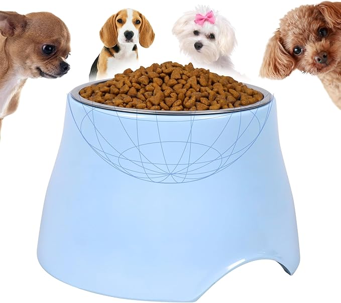 Elevated Spaniel Dog Bowl, Melamine Raised Dog Food Bowl for Long-Eared Dogs, Raised Dog Bowls for Small & Medium Dogs, Stainless Steel Inner Bowl, Non-Slip Base (Light Blue, M (420 ML / 1.5 Cups))