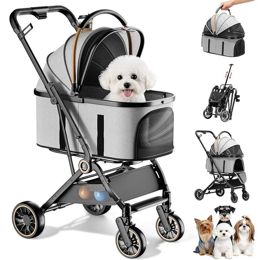 GTPLAYER 3 in 1 Pet Stroller with Removable Carrier, Foldable Stroller for Small/Medium Dogs and Cats, All-Terrain, with Sun Shades, Car Seat, Up to 45 lbs, Grey