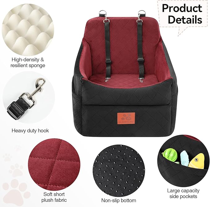 GL GLENSLAVE Dog Car Seat for Small/Medium Dogs, Dog Booster Car Seats with Thick Cushion for Dogs Under 35lbs, Detachable Washable Pet Carseat with Storage Pockets, 2 Safety Belts(Black/Red)