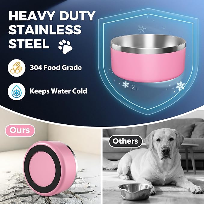 2 Pack Stainless Steel Dog Bowls, Outdoor Dog Water Bowl with Non Slip Rubber Bottom, Dishwasher Safe, Easy to Clean,40oz&64oz Pink