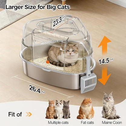 XXL Stainless Steel Corner Cat Litter Box with Lid - Sturdy, No Odor & Space-Saving Hidden Design for Large Cats, Grey