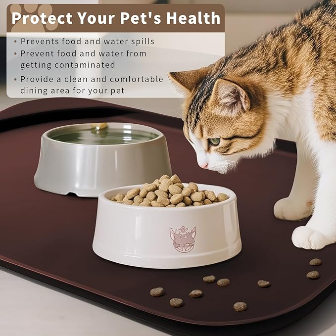 Silicone Pet Food Mat with Raised Edge for Food and Water Bowl, Dog Feeding Mats, Cat Food Trays for Floor Waterproof, Rubber Tray for Dogs and Cats, 19 x 12 x 0.7 Dark Brown